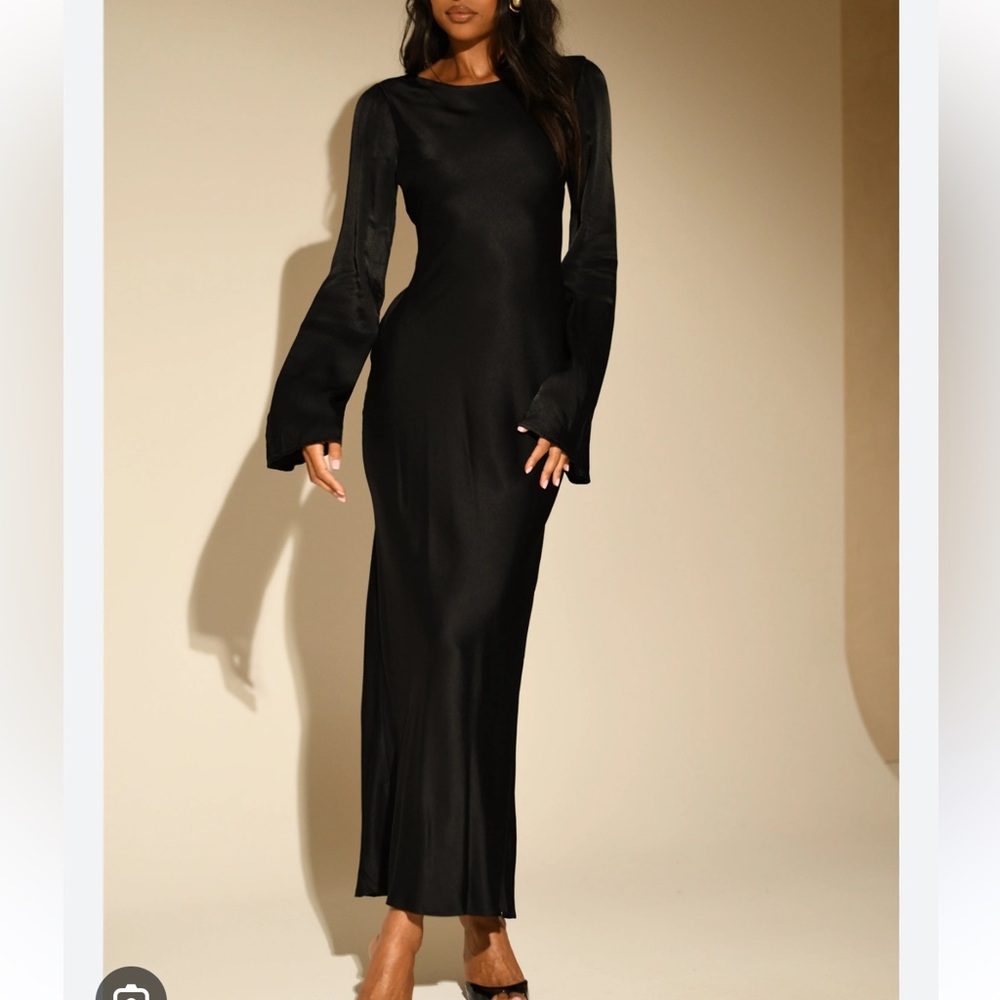 Meshki Long Sleeve Black Satin Maxi Dress